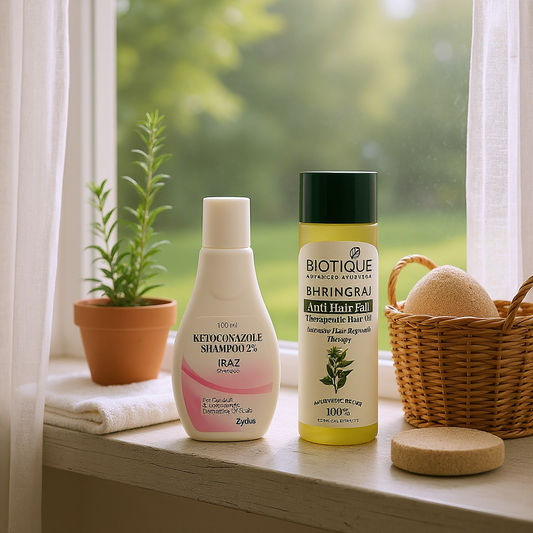 Two bottles of shampoo on a windowsill with a plant and basket in the background