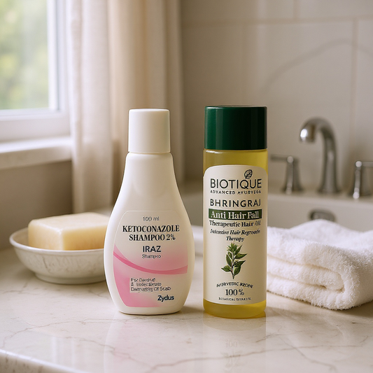 Two hair care products on a bathroom counter with a soap and towel in the background.