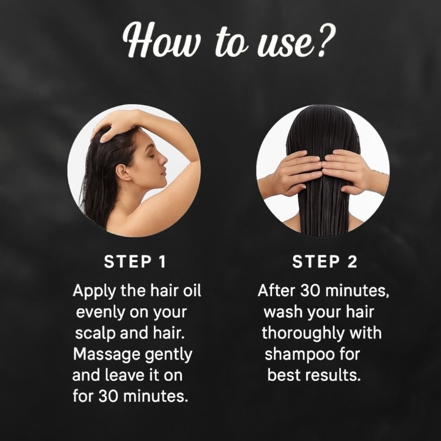 Instructions on how to use hair oil with two step illustrations and text.