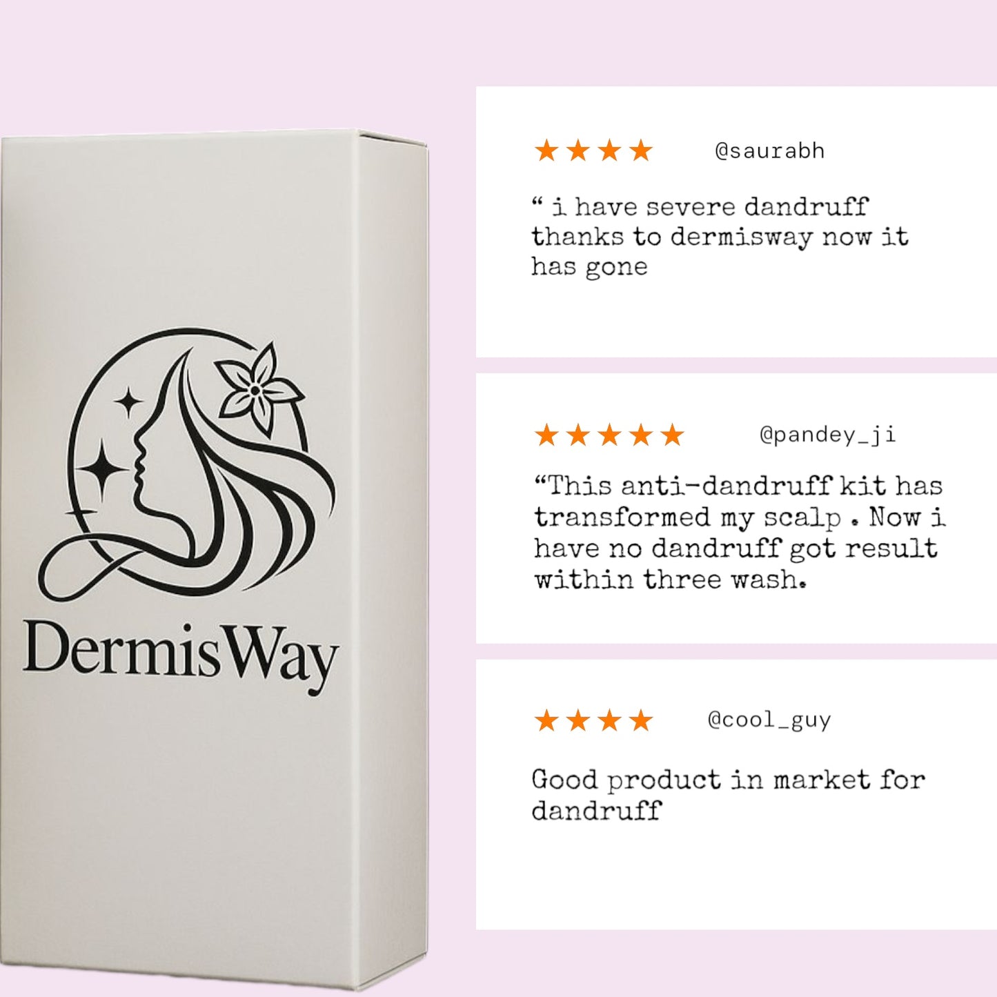 DermisWay product box with customer reviews on a light purple background