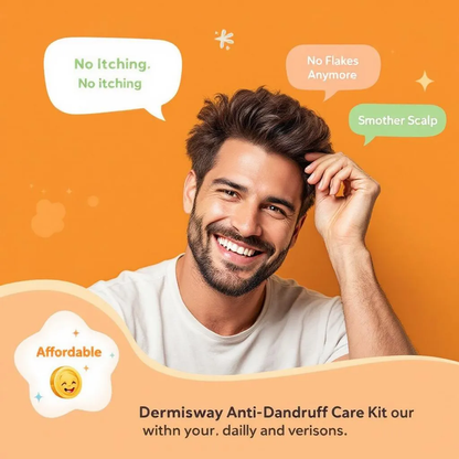 Man with a happy expression holding his hair, with text about anti-dandruff care on an orange background